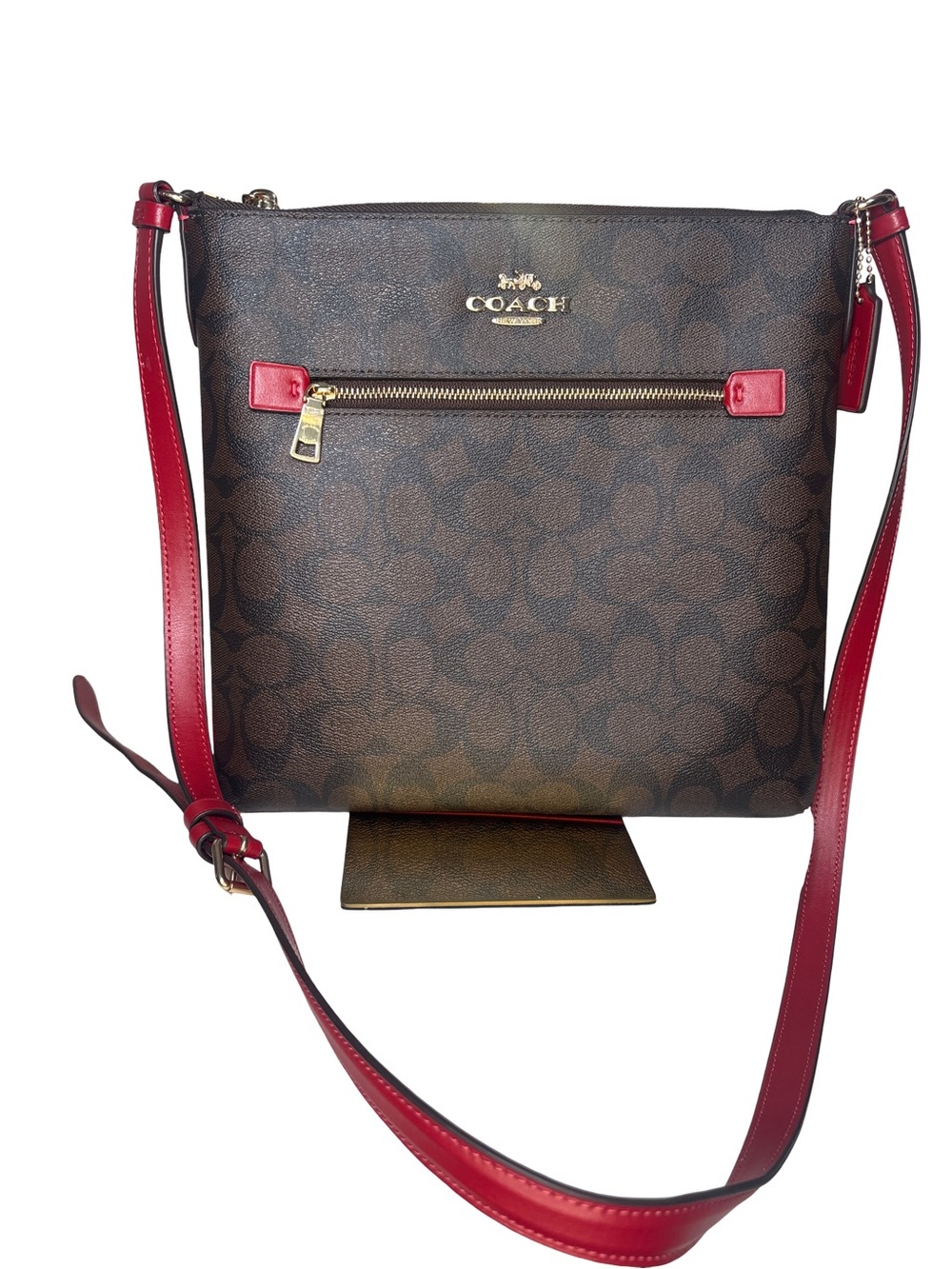Coach Rowan Red & Brown File Coated Canvas with Gold Hardware NWOT